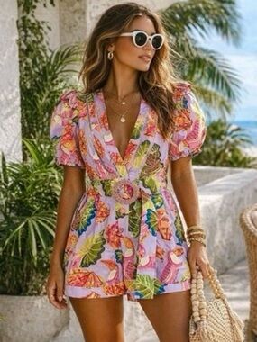 FARM RIO Lilac Beaks & Bananas Ruffle Romper Tropical Palm Bird Print
